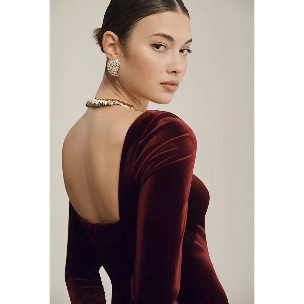 Jenny Yoo Rachel Dark Berry Stretch Velvet Square Neckline Gown‎ Women's Size 2 - Picture 2 of 10